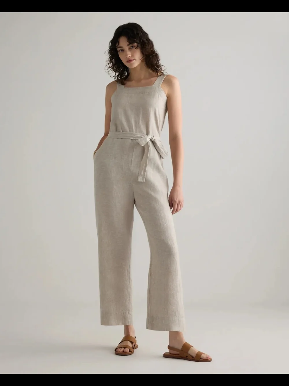 Quince NWOT 100% Linen Square Neck Belted Jumpsuit Flax Beige Size Medium